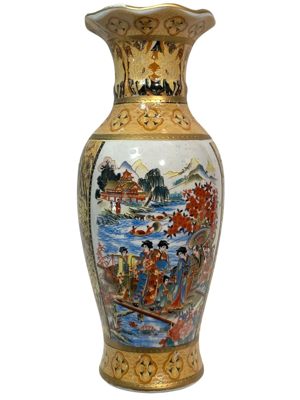 Vintage 1960s Satsuma Style Gilded Figural Ceramic Vase - Made in Japan